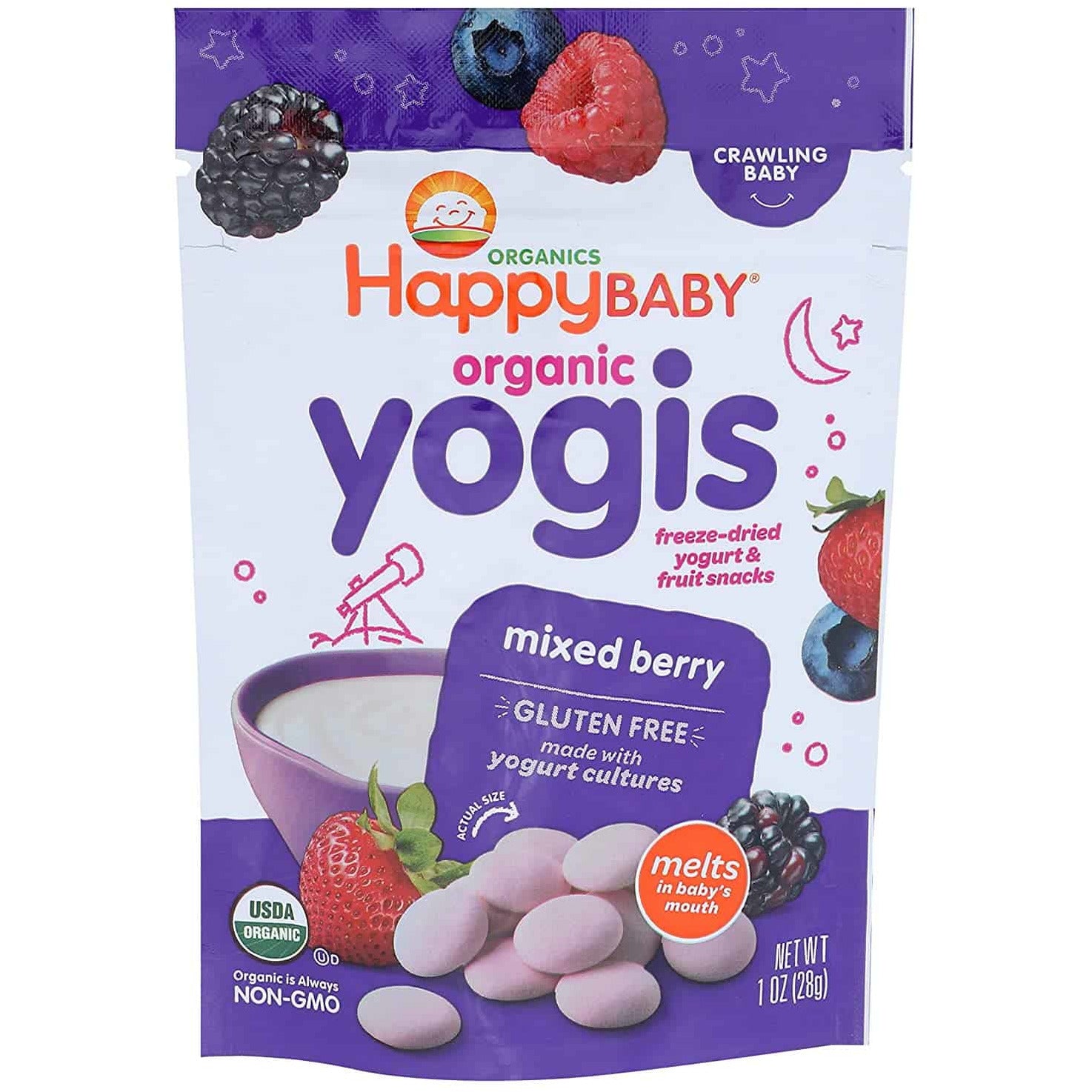 Happy Baby Organic Yogis Freeze-Dried Yogurt & Fruit Snacks Mixed Berry, Organic Gluten-Free Easy to Chew Probiotic Snacks for Babies & Toddlers, 1 Ounce, Pack of 1