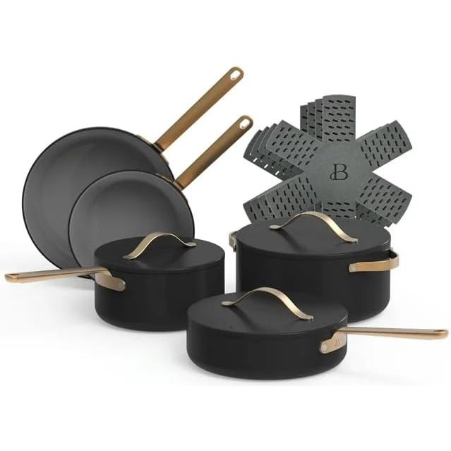 Beautiful 12pc Ceramic Non-Stick Cookware Set, Free from Forever Chemicals, Ceramic Non-Stick & non-toxic, Oven safe up to 500°F by Drew Barrymore (Black Sesame)