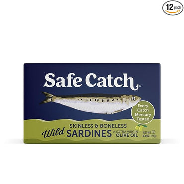 Safe Catch Wild Sardines in Extra Virgin Olive Oil Wild-Caught Skinless Boneless Sardine Fillets Low Mercury Tested Keto Food Kosher Non-GMO Sardines Pack of 12 4.4oz Tins