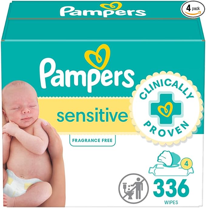 Pampers Sensitive Baby Wipes, Water Based, Hypoallergenic and Unscented, 4 Flip-Top Packs (336 Wipes Total)