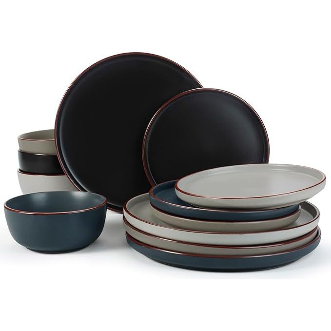 Famiware Mercury Plates and Bowls Sets, 12 Pieces Stoneware Dinnerware Sets, Dishes Set for 4, Microwave and Dishwasher Safe, Multi-color…