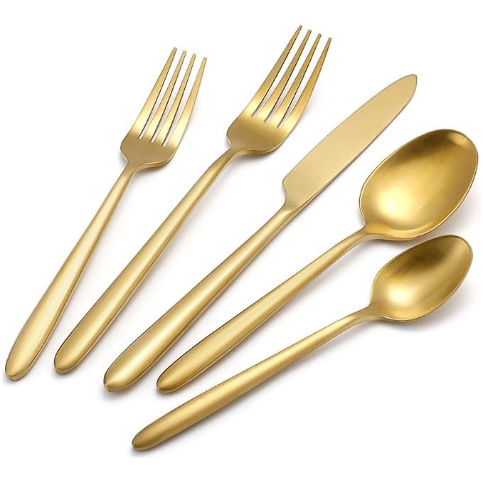 DEACORY Silverware Set Flatware Set Matte Gold Stain Polished Cutlery Set Brushed Finished Heavy Brass Drip Handle Stainless Steel 40 Pieces Dishwasher Safe Service for 8