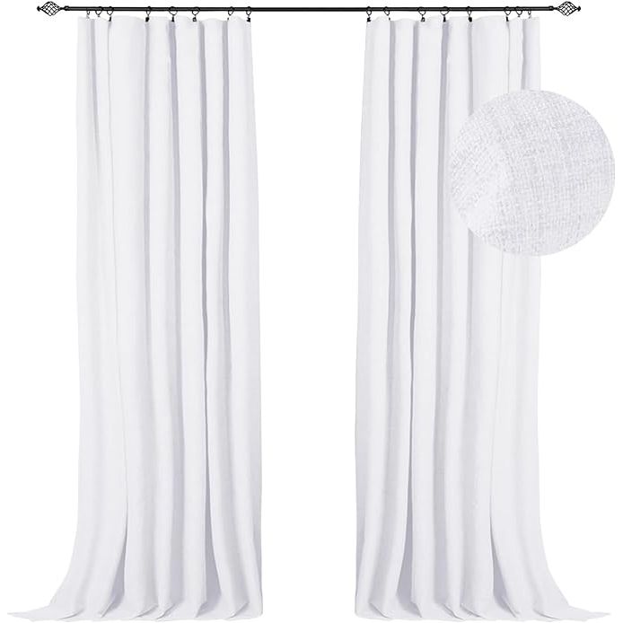 100% Blackout Shield Blackout Curtains for Bedroom 108 inch Length 2 Panels Set, Clip Rings/Rod Pocket Faux Linen Blackout Curtains, Thermal Insulated Curtains for Living Room, Bright White, 50Wx108L