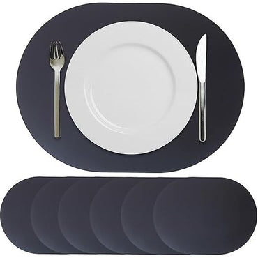 BHNV Silicone Placemats for Dining Table Set of 6 | 17"x13” Non-Slip Oval Placemat for Vinyl Table, Tile, Glass, Metal, Fabric Surface - Heat Resistant, Easy to Clean, Durable, Waterproof – Gray-Black