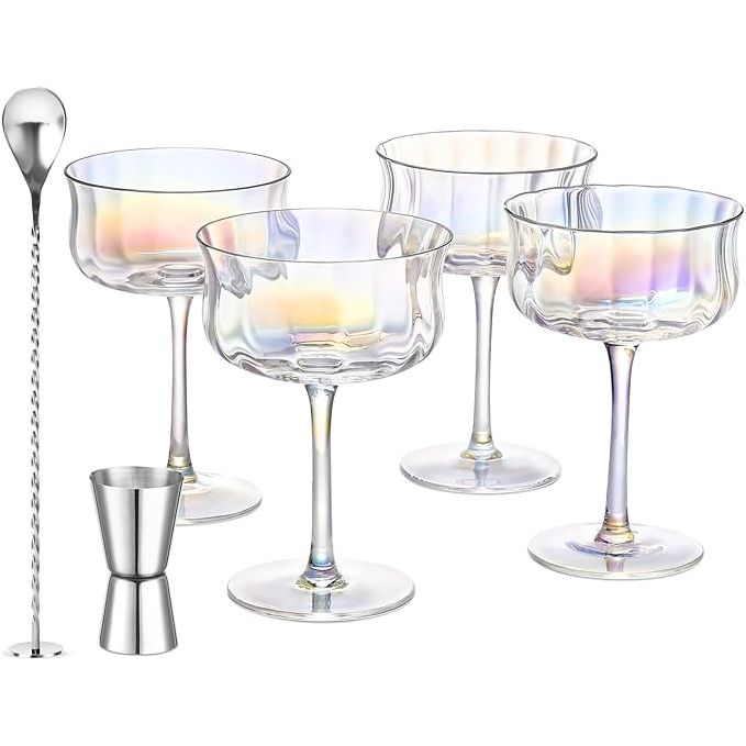 ROXBURGH Iridescent Vintage Coupe Glasses Set of 4 with Bar Spoon and Jigger | 10oz Crystal Ribbed Wine Cocktail Champagne Coupe Glasses| Espresso Martini Glasses| Christmas Gifts, Wedding Anniversary