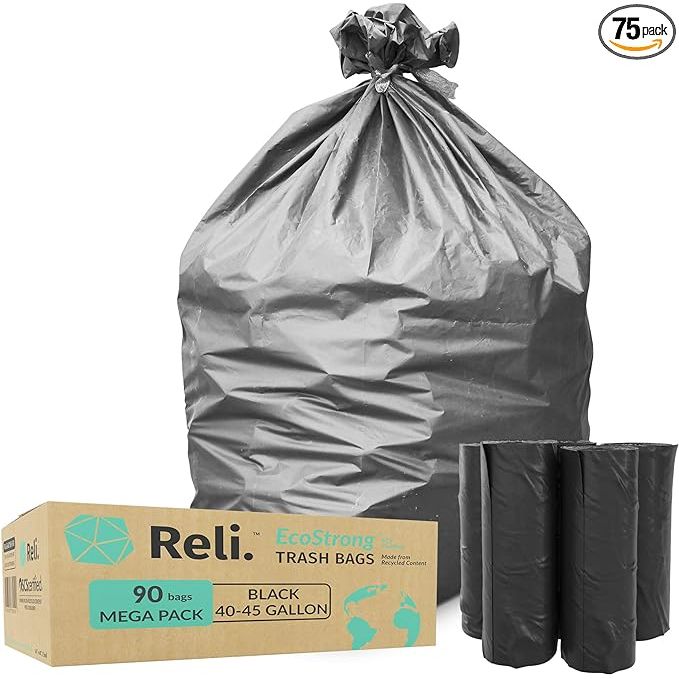 Reli. EcoStrong 40-45 Gallon Trash Bags (90 Count) Eco-Friendly Recyclable - 40 Gallon - 44 Gallon - 45 Gallon Black Garbage Bags, Made of Recycled Material, Black Garbage Bags 40-45 Gal Capacity