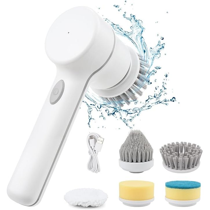 CONERX Electric Spin Scrubber Cordless Power Cleaning Brush with 5 Replaceable Brush Heads Rechargeable Scrubber for Bathroom Tub Sink Kitchen Dishes Tile Window Floor Grout, White