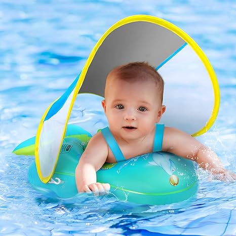 No Flip Over Baby Pool Float with Canopy UPF50+ Sun Protection