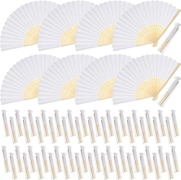 Yookeer 180 Pieces Paper Hand Fan White Wedding Fan Folding Bamboo Fans Foldable Handheld Fans with Fan Bags for DIY Gifts Home Photo Props Craft Party Decoration