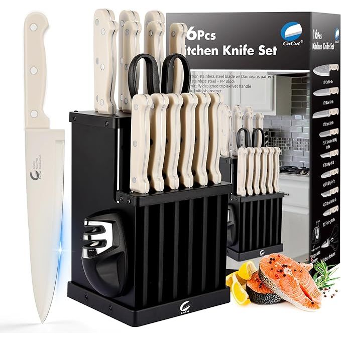 CuCut Knife Set, 16 Pieces Kitchen Knives Set with Steel Block, Dishwasher Safe, German Stainless Steel Knife Block Set with Knife Sharpener, Elegant White