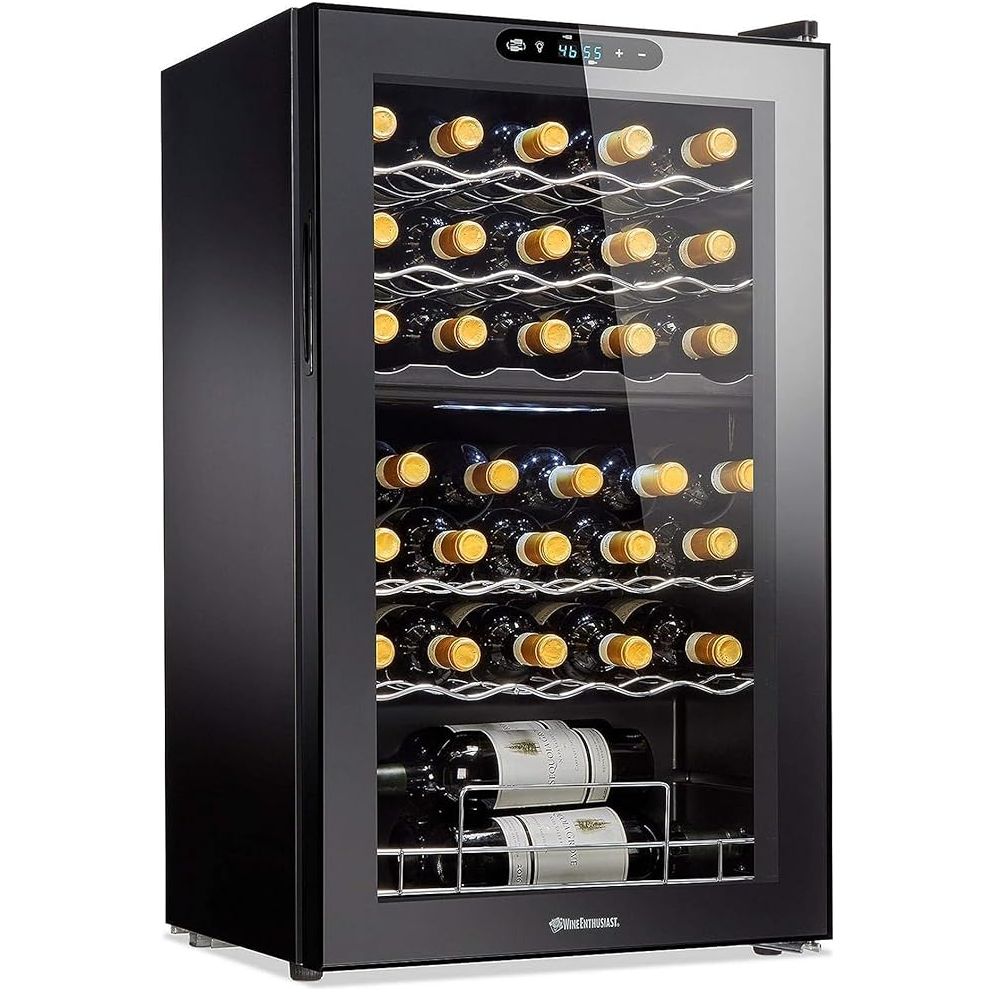 Wine Enthusiast 32-Bottle Dual Zone MAX Compressor Wine Cooler - Freestanding Refrigerator with Split Storage & Temperature, Digital Touchscreen, & LED Display