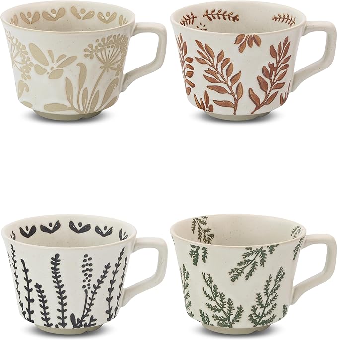 LINVIA Ceramic Coffee Mug Set of 4, 12 oz Novelty Unique Tea Cups with Big Handle, Perfect for Mocha Latte Cappuccino Espresso, Best Gifts for Women and Men, Butterfly Grass Ivy and Leaf