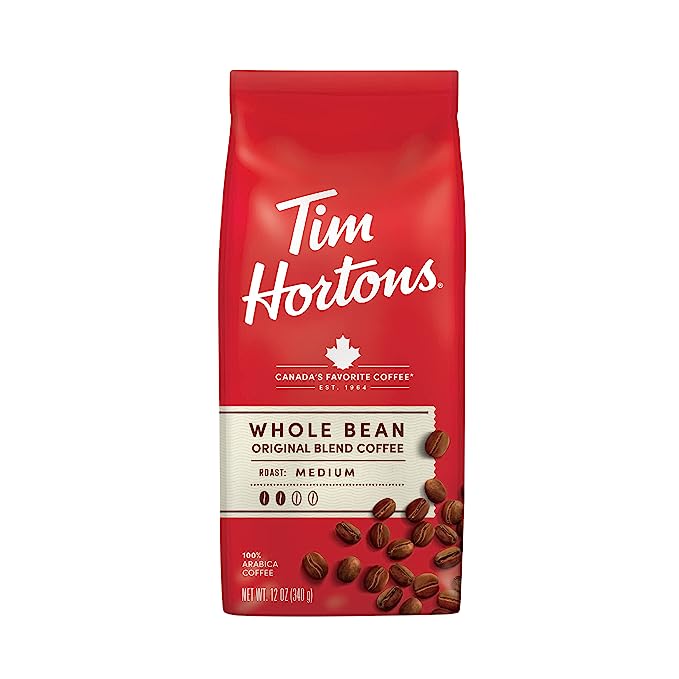 Tim Hortons Whole Bean Original, Medium Roast Coffee, Made with 100% Arabica Beans, 12 Ounce Bag