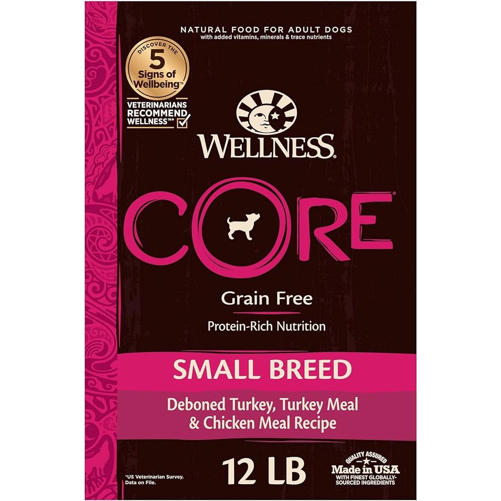 Wellness Natural Pet Food CORE Natural Grain-Free Small Breed Turkey & Chicken Dry Dog Food for Adult Dogs, High-Protein, USA-Made with Real Meat, 12-Pound Bag
