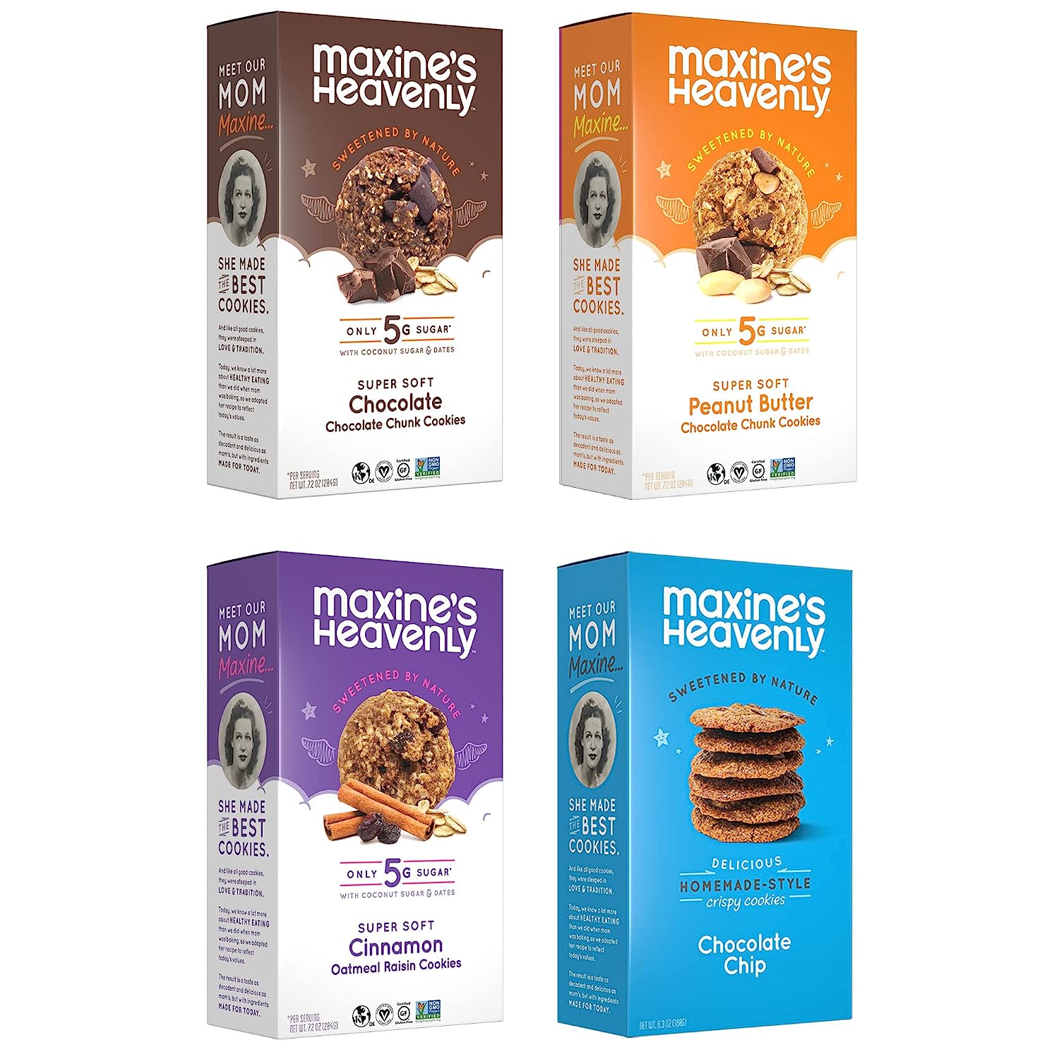 Maxine's Heavenly Cookie Variety Pack w/Chocolate Chip & Oatmeal Cookies | Healthy Gluten Free Cookies Sweetened with Coconut Sugar and Dates | Vegan, Dairy Free, Low Sugar | 7.2 Ounces Each (4 pack)