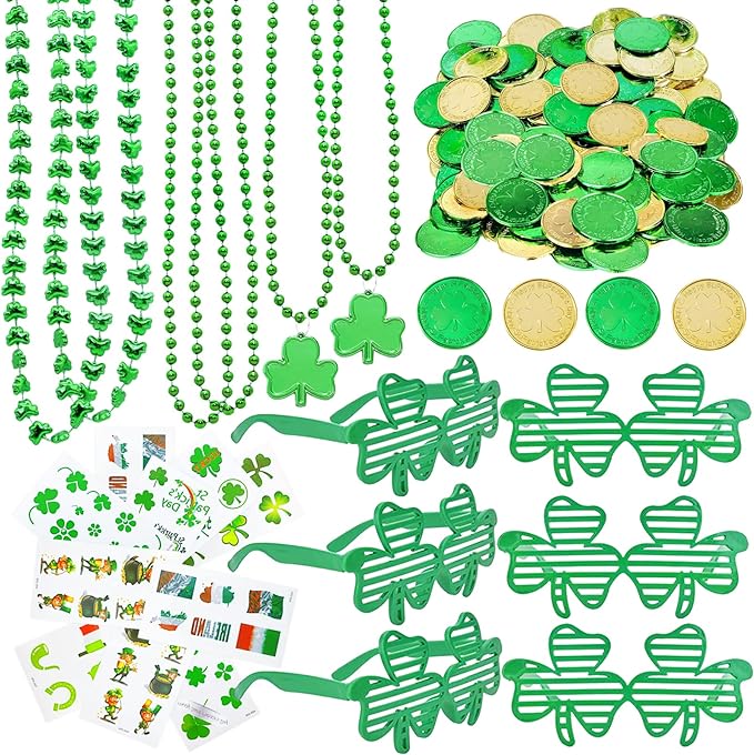 132Pcs St. Patricks Day Accessories Party Favors Shamrock Glasses Necklaces Green Gold Coins Tattoos for Irish St Patrick's Day Decorations Supplies