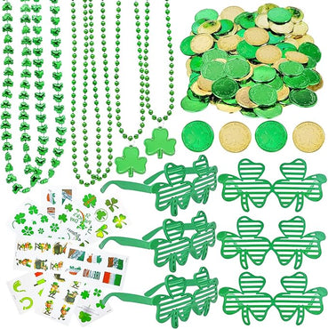 132Pcs St. Patricks Day Accessories Party Favors Shamrock Glasses Necklaces Green Gold Coins Tattoos for Irish St Patrick's Day Decorations Supplies