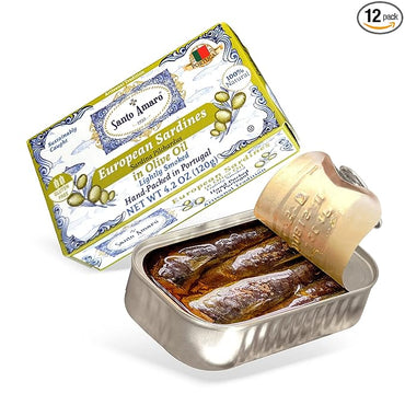 Santo Amaro - Authentic European Sardines in Olive Oil, Hand-Packed Canned Sardines from Portugal, Wild Caught Sardines in Virgin Olive Oil, Lightly Smoked, 20g Protein, Keto, Paleo, Dash, Pack of 12
