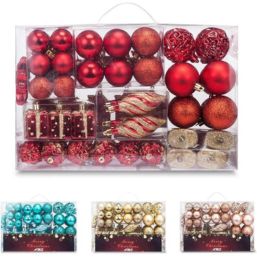 AMS 90ct Christmas Balls Plastic Ornaments Shatterproof Tree Pedants Accessories Seasonal with Hand-Help Gift Boxes for Xmas, Holiday (90ct, Red)