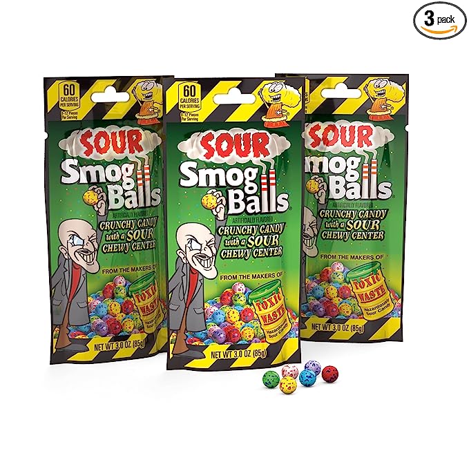 TOXIC WASTE | 3-Pack Bags of Sour Smog Balls | Deliciously Hard Candy with a Chewy Sour Center - 6 Flavors: Lime, Cherry, Strawberry, Lemon, Blue Raspberry, and Grape