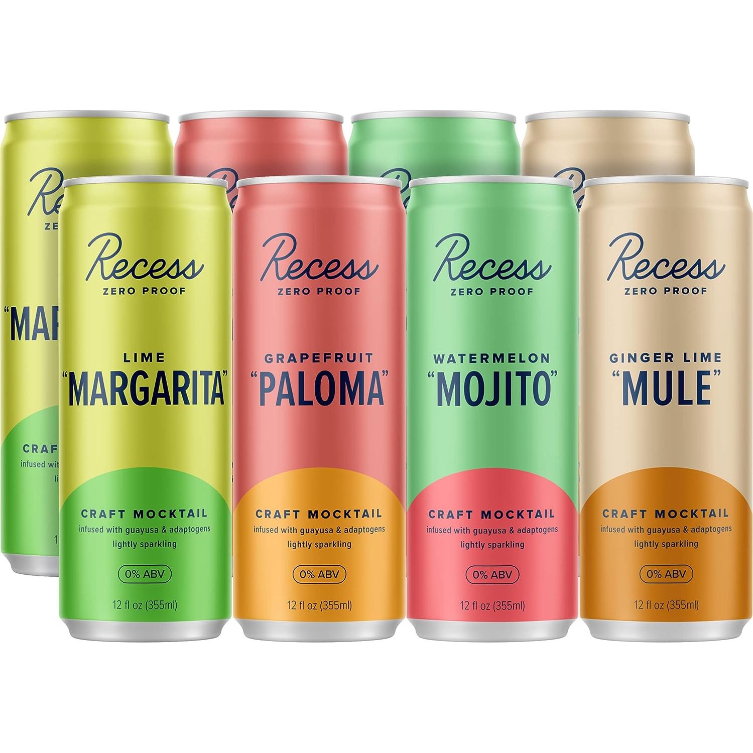 Recess Zero Proof Sampler, Craft Mocktails, Alcohol Free Drinks, With Adaptogens, Non-Alcoholic Beverage Replacement, Mixer, (12 pack sampler has 3 of each flavor: Lime "Margarita,” Grapefruit "Paloma")