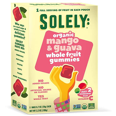 SOLELY Organic Mango and Guava Whole Fruit Gummies, 3.5 oz (5 Bags 0.7 oz each) | Three Ingredients | No Added Sugars, Artificial Colors or Flavors | Vegan Fruit Snacks