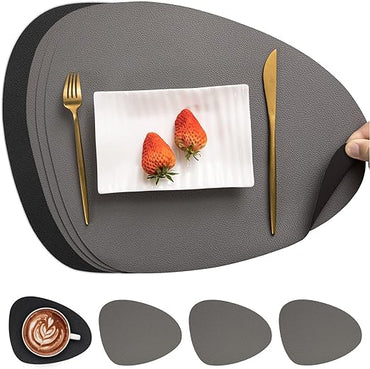 Myir JUN Leather Place Mats, Dual-Sided Placemats Waterproof Placemats Set of 4 Place Mats Non-Slip Washable Table Mats for Dining Table (Gray Black, Set of 4)