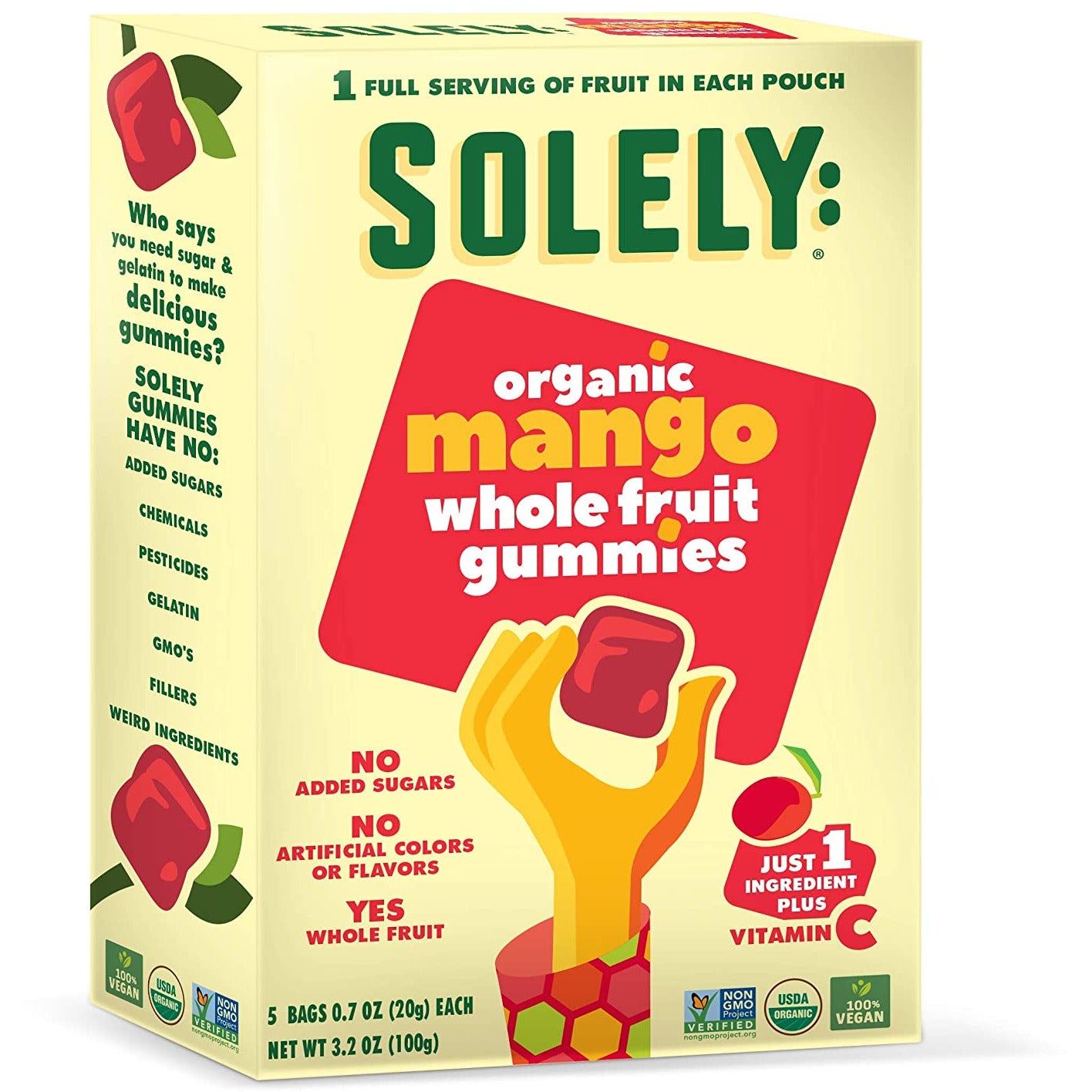 SOLELY Organic Mango Whole Fruit Gummies, 3.5 oz | Two Ingredients | No Added Sugars, Artificial Colors or Flavors | Vegan Fruit Snacks