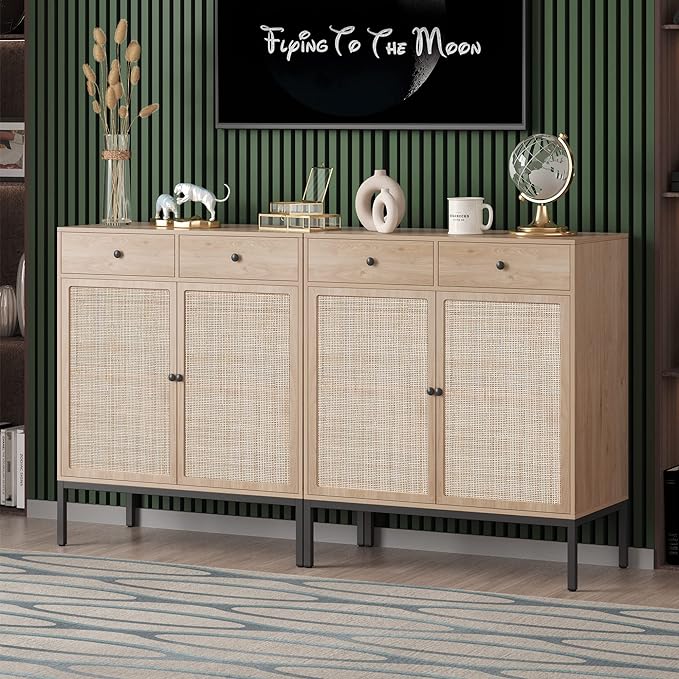 Yechen Set of 2 Sideboard Storage Cabinet with Handmade Natural Rattan Woven Doors and Drawers, Rattan Buffet Cabinet with Storage, for Living Room, Dining Room, Entryway, Kitchen, Natural