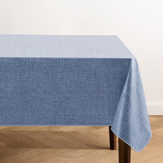 Elrene Home Fashions Monterey Linen-Texture Water- and Stain-Resistant Vinyl Tablecloth with Flannel Backing, 60 inches X 120 inches, Rectangle, Blue