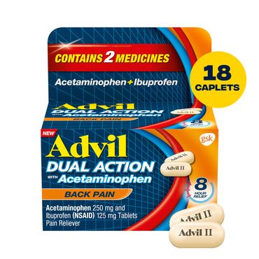 Advil Dual Action Back Pain Caplets Delivers 250Mg Ibuprofen and 500Mg Acetaminophen Per Dose for 8 Hours of Back Pain Relief - 18 Count