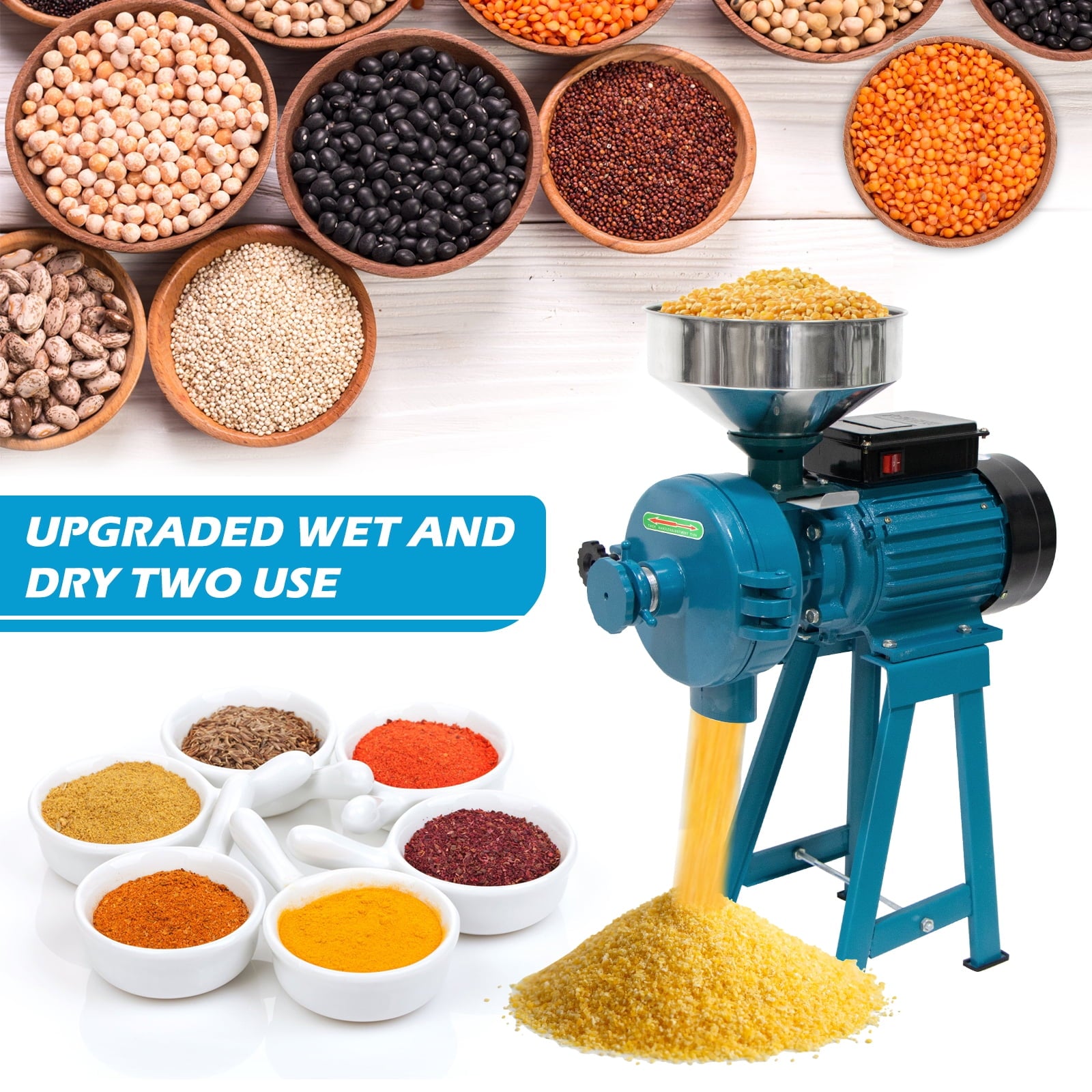 Commercial Grain Mill Electric Grain Grinder 3000W Commercial Corn Grinder Machine for Wheat grinder with Funnel Upgrade (Wet & Dry Grinder)