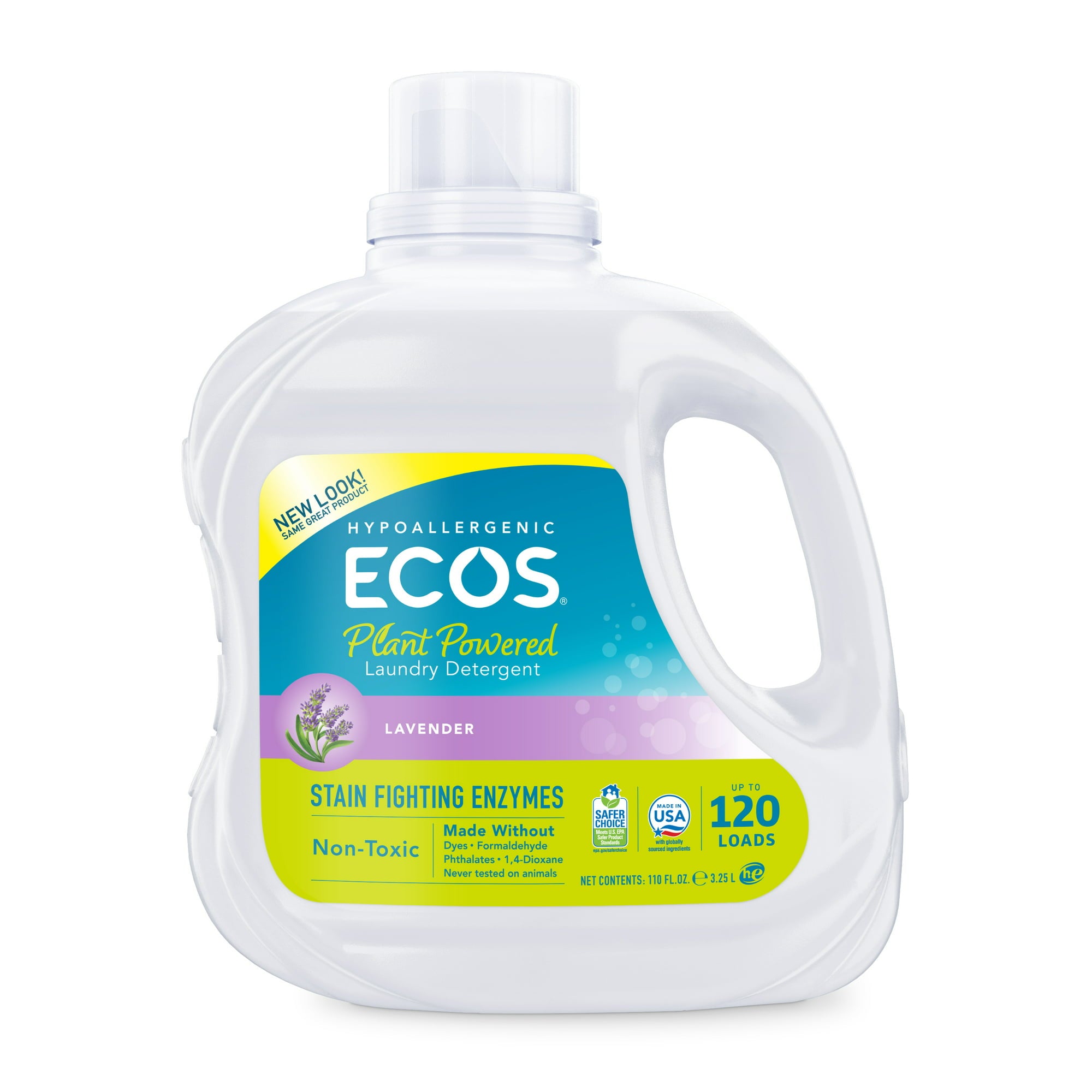 ECOS Plant Powered Liquid Laundry Detergent with Stain Fighting Enzymes, Lavender, 120 Loads, 110 Ounce, Hypoallergenic for Sensitive Skin