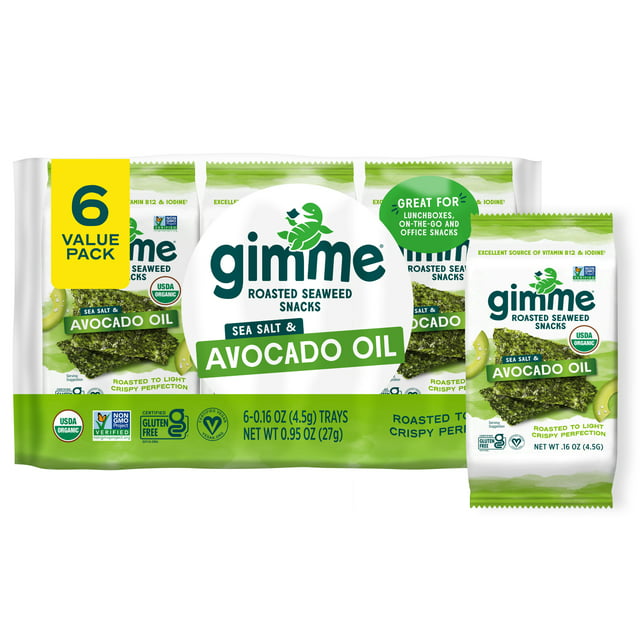 Gimme Seaweed Premium Organic Roasted Seaweed Snack, Sea Salt & Avocado Oil - .16oz (6 Pack)