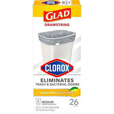 Glad Medium Drawstring Trash Bags with Clorox, 8 Gallon, Lemon Fresh Bleach Scent, 26 Count