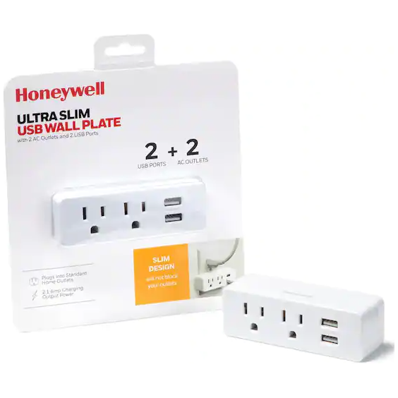 Slim Wall Outlet 2 Ports, 2 USB-A Ports, 2.1A, White