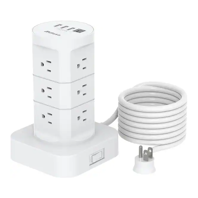 10 ft. Flat Plug Heavy-Duty Extension Cord, Surge Protector Power Strip Tower 12 Outlets with 4 USB Ports (1-USB C)