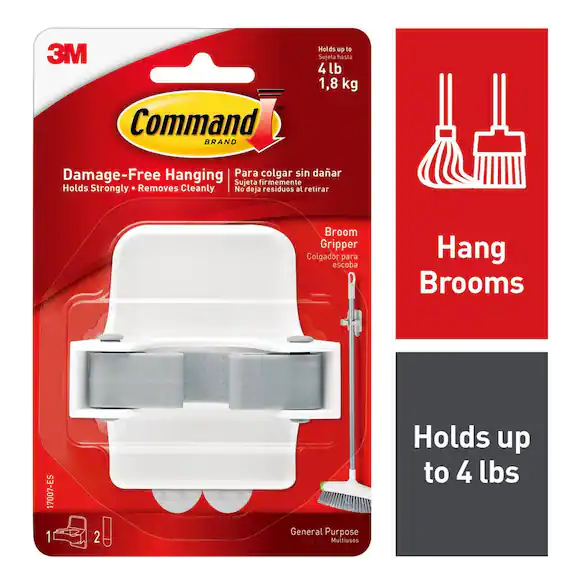 Broom and Mop Grippers Wall Hook, White, Damage Free Organizing, 1 Hanger