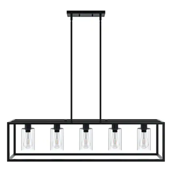 5 -Light Black Unique Statement Square Rectangle Chandelier With Glass Shade