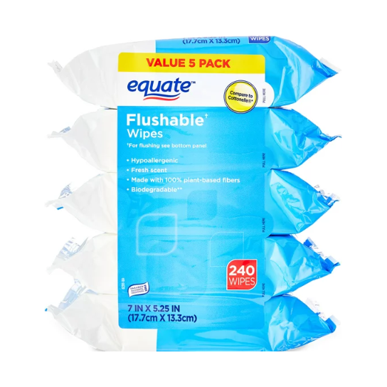Equate Flushable Wipes, Fresh Scent, 5 packs of 48 wipes, 240