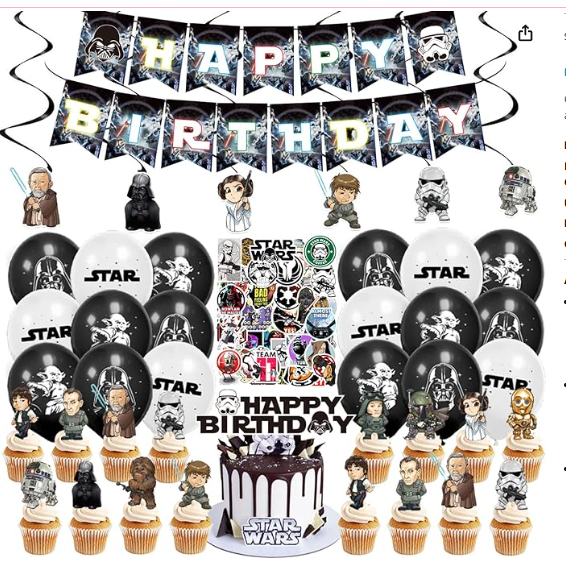 110pcs Star Wars Birthday Decorations,Party Supplies Includes Birthday Banner, Hanging Swirls, Cake Topper, Cupcake Toppers, Balloons, Foil Balloon, Stickers, Tablecloth