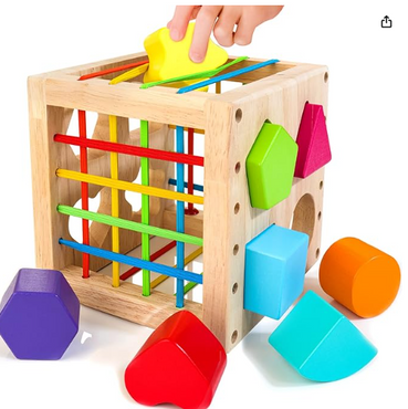 HELLOWOOD Montessori Toys for 1+ Year Old, Wooden Sorter Cube with 8pcs Rattling Shapes, Developmental Learning Toy Gifts for Baby Girls Boys 6-12-18 Months, Gift Packaging
