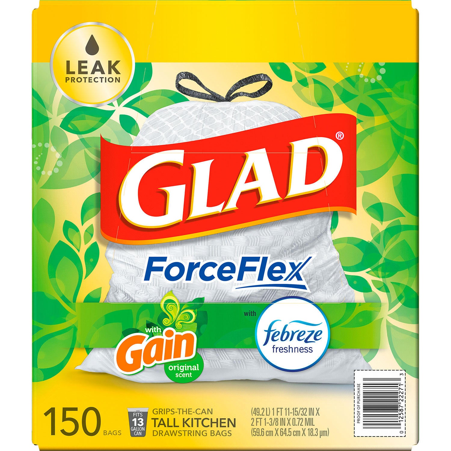 Glad ForceFlex Tall Kitchen Drawstring White Trash Bags, Gain Original Scent with Febreze Freshness (13 gal., 150 ct.)