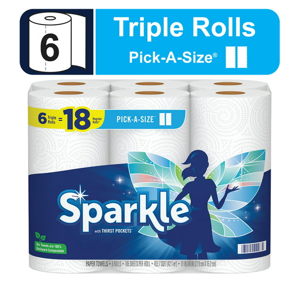 Sparkle Pick-A-Size Paper Towels, White, 6 Triple Rolls