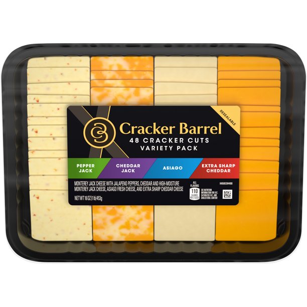 Cracker Barrel Cracker Cuts Pepper Jack, Cheddar Jack, Asiago & Extra Sharp Cheddar Cheese Slice Variety Pack, 48 ct Tray