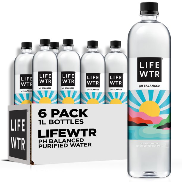 (6 Pack) LIFEWTR Premium Purified Bottled Water, pH Balanced with Electrolytes For Taste, 1 Liter Bottles (Packaging May Vary)