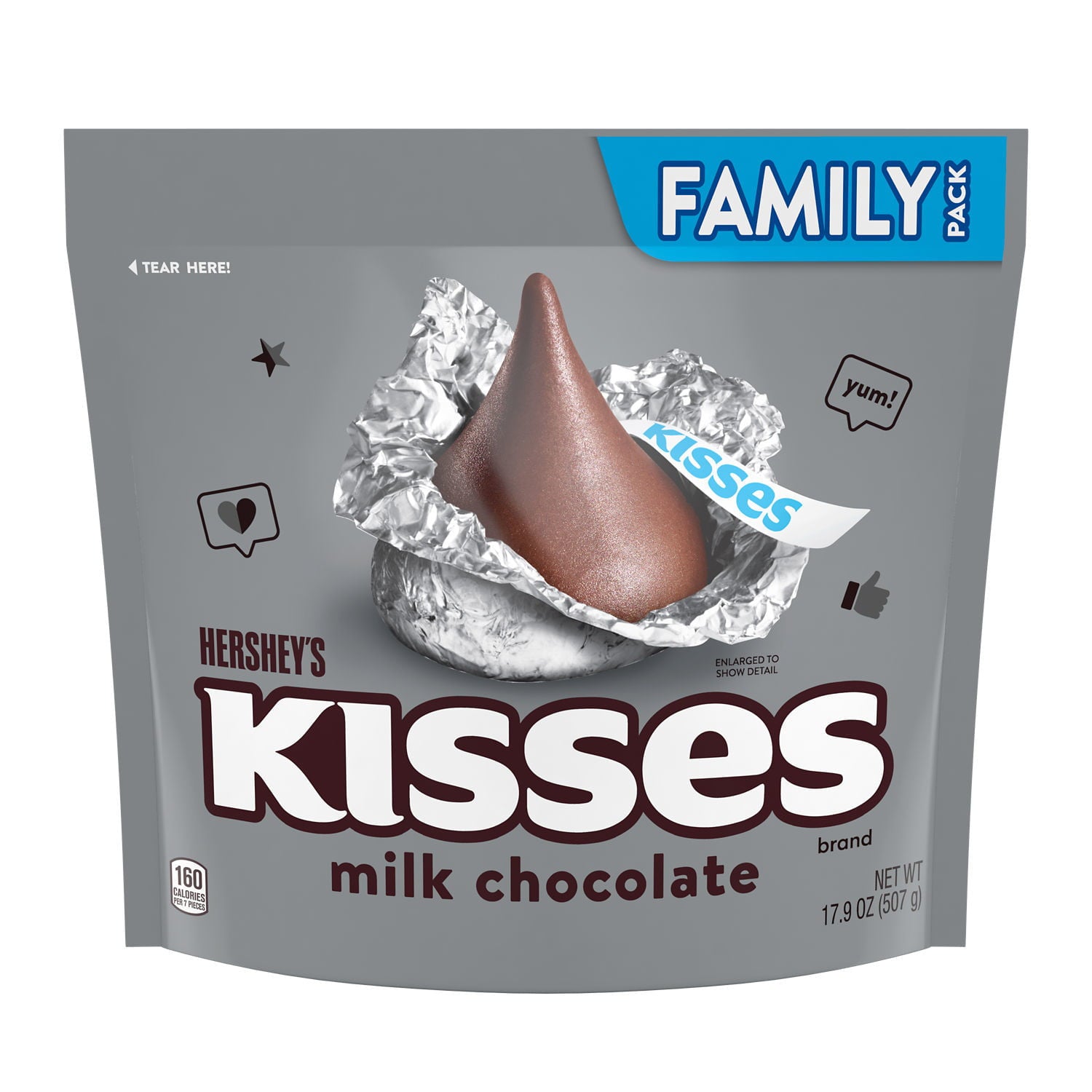 HERSHEY'S, KISSES Milk Chocolate Candy, Individually Wrapped, Gluten Free, 17.9 oz, Family Pack