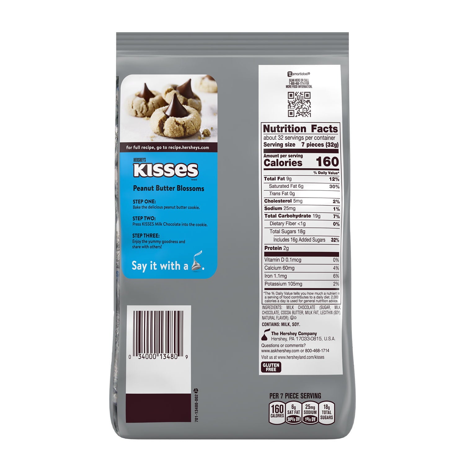 HERSHEY'S, KISSES Milk Chocolate Candy, Gluten Free, Individually Wrapped, 35.8 oz, Bulk Party Pack