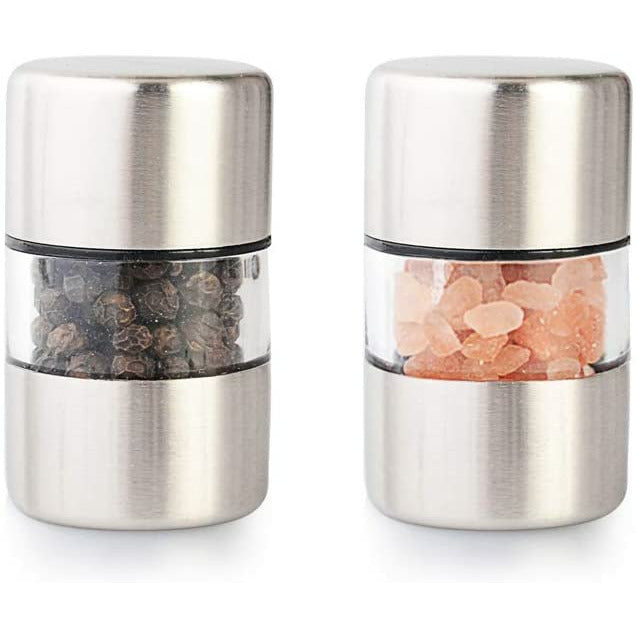 T-mark Premium Sea Salt and Pepper Grinder Set - Spice Mill with Brushed Stainless Steel, Small Portable Ceramic Salt & Pepper Shakers (2-Pack)