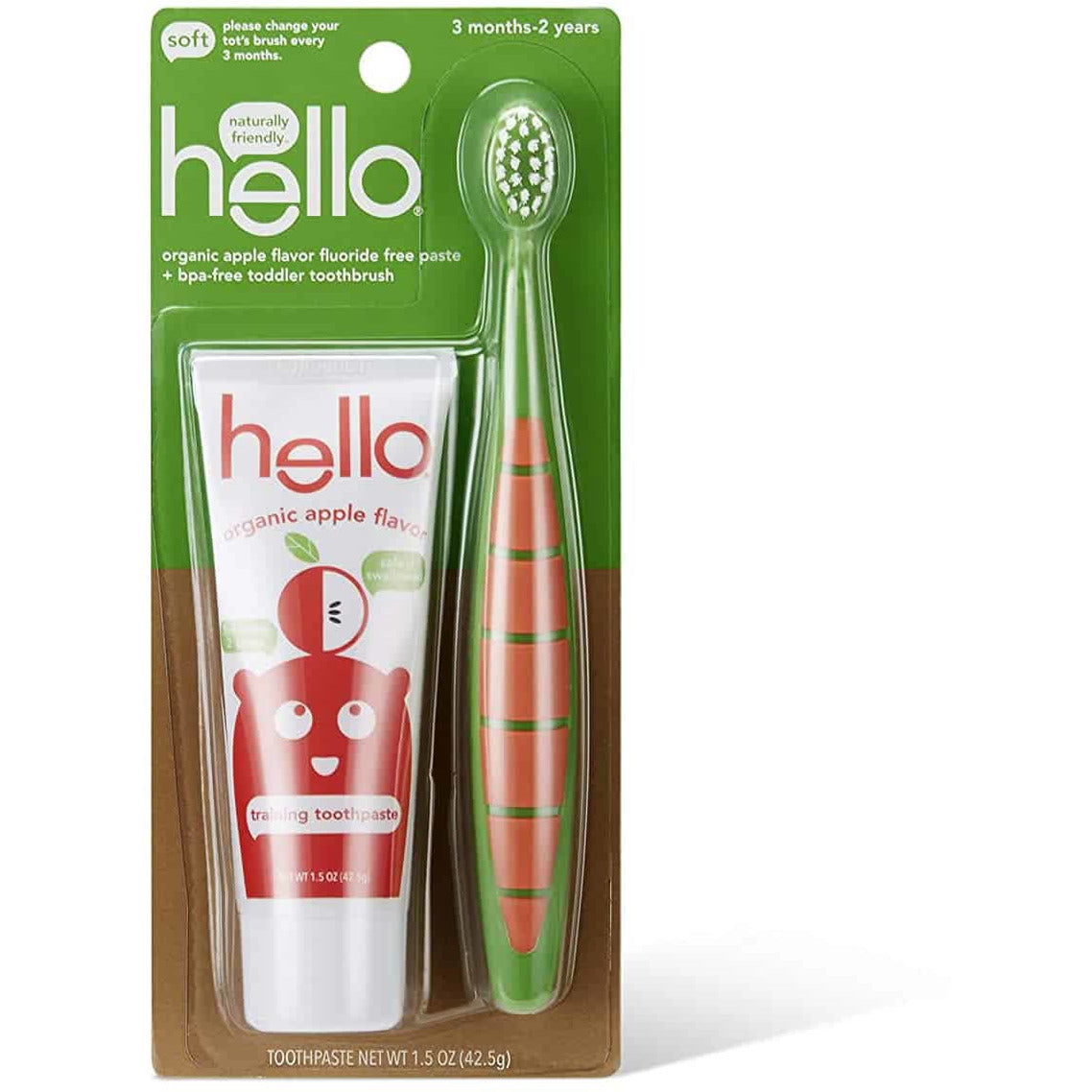 Hello Fluoride Free Toddler Training Toothpaste and Toothbrush, Natural Apple Flavor